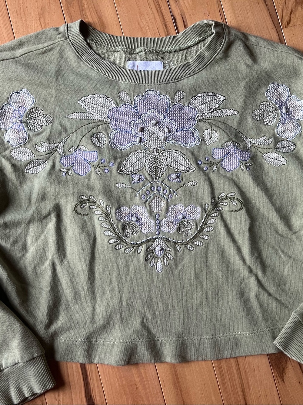 Anthropologie Sage Green Floral Embroidered Crewneck Sweatshirt
